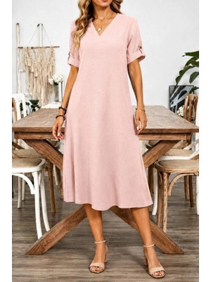 Defy Moda Kadın Kısa Kollu V Yakalı Bürümcük Midi Elbise