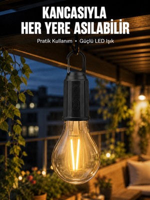 Mey Ithalat® Taşınabilir Şarjlı LED Ampul Askılı Lamba Kamp Bahçe Lambası