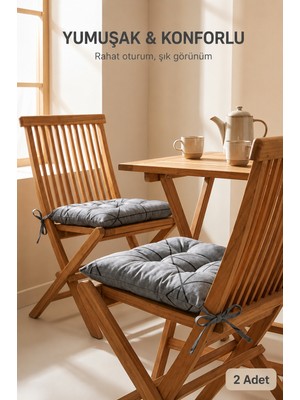 PH Prendi Home 2'li Siyah Çizgili Bağcıklı Mutfak ve Bahçe Sandalye Minderi 40X40 cm Kare Minder