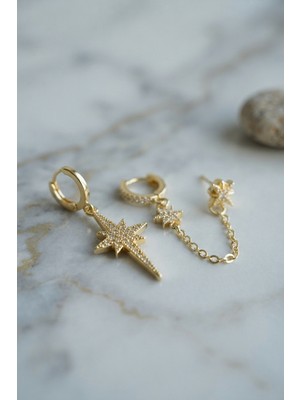 Skygo 3 Lü Set Küpe Gold Renk Zincir Detaylı TJ-BKP11954