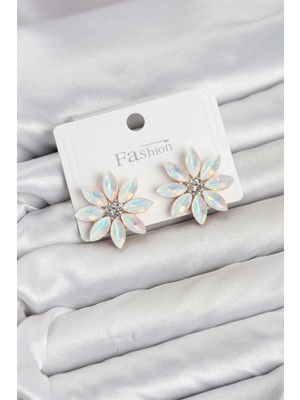 Genel Tedarik Beyaz Renk Kristal Taşlı Lotus Çiçek Model Kadın Küpe