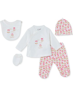 Hellobaby Kız Bebek 5li Hastane Çıkışı Çiçek Baskılı Çıtçıtlı Zarf Yaka Long Sleeve Patikli