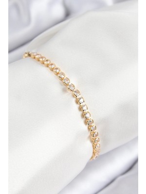 Mey İthalat Mey Ithalat® Pirinç Zirkon Taşlı Sıralı Model Gold Renk Asansörlü Kadın Bileklik