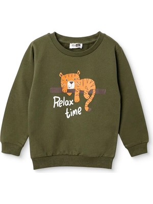Hellobaby Erkek Bebek Sweatshirt Kaplan Baskılı Bisiklet Yaka Uzun Kol