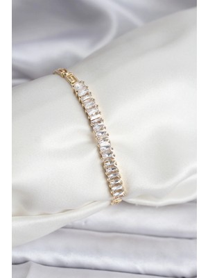 Mey İthalat Mey Ithalat® 14K Gold Renk Kaplama Zirkon Taşlı Baget Model cm Kadın Bileklik