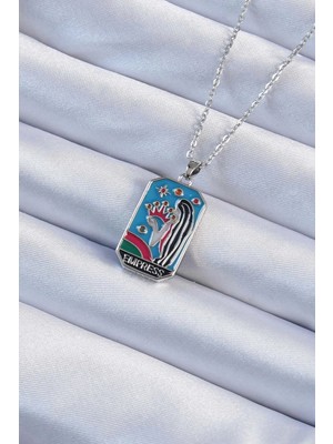 Mey İthalat Mey Ithalat® 316L Çelik Zincir Gümüş Renk Taç ve Kız Figürlü Renkli Mineli Tarot Kolye