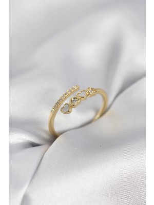 Mey İthalat Mey Ithalat® Gold Renk Zirkon Taşlı Minimal Kalp Model Kadın Yüzük