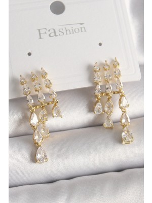 Mey İthalat Mey Ithalat® Pirinç Gold Renk Zirkon Taşlı Yağmur Model Kadın Küpe