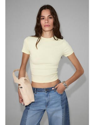 Grimelange Hopewell Kadın Yuvarlak Yaka Örme Slim Fit Açık Sarı T-Shirt