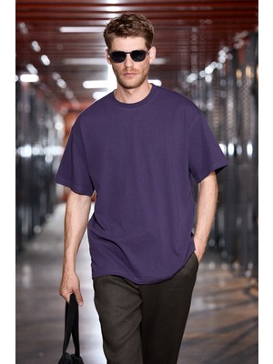 Grimelange Jett Erkek Oversize Fit %100 Organik Pamuk Kalın Dokulu Bisiklet Yakalı Koyu Mor T-Shirt
