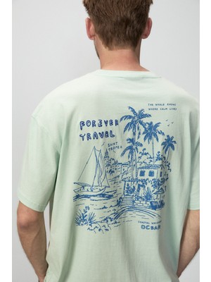 Grimelange Alonzo Erkek Oversize Fit %100 Pamuk Nakışlı ve Baskılı Mint Yeşil T-Shirt