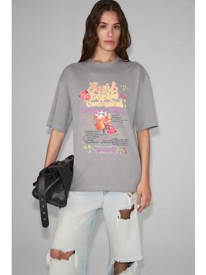 Grimelange Mıllıe Kadın %100 Organik Pamuklu Oversize Kalıp Bol Kesim Baskı ve Nakış Detaylı Gri T-Shirt