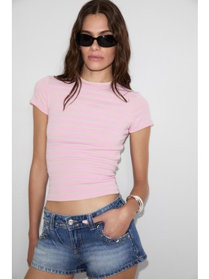 Grimelange Hopewell Kadın Yuvarlak Yaka Örme Slim Fit Pembe-A.pembe Çizgili T-Shirt