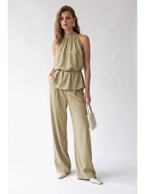 Mixray 2203 Kadın Halter Yaka Beli Lastikli Palazzo Alt Üst Takım Olive