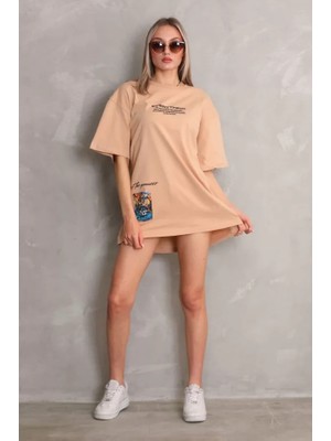 De'charme Unisex Bisiklet Yaka Baskılı Oversize T-Shirt - Bej
