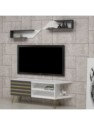 Ninnimo Izem Tv Ünitesi Tv Sehpası Beyaz Antrasit ,ava Duvar Raflı Sehpalı Dekoratif Tv Ünitesi