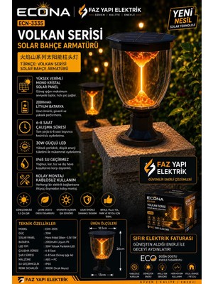 Econa ECN-3335 Volkan Serisi 30W Solar Bahçe Armatürü IP65 Su Geçirmez Alev Efektli Güneş Enerjili Bahçe Lambası