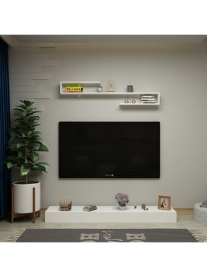 Ninnimo Harry Beyaz Mdf Tv Sehpası ve Duvar Rafı , Ava Duvar Raflı Sehpalı Tv Ünitesi Mdf