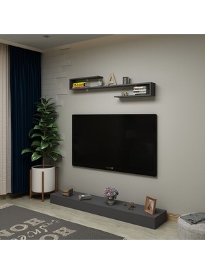 Ninnimo Antrasit Tv Sehpası ve Duvar Rafı ,ava Duvar Raflı Sehpalı Dekoratif Tv Ünitesi