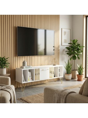 Ninnimo Tunç Gold Detaylı Gold Ayaklı Kapaklı Raflı Beyaz Mdf Tv Ünitesi & Tv Sehpası