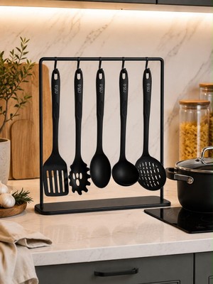 Vivart 5 Parça Siyah Mutfak Servis Seti - Isıya Dayanıklı Kepçe Spatula Kaşık Hazırlık Seti