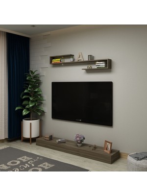 Ninnimo Harry Ceviz Tv Sehpası ve Duvar Rafı ,ava Duvar Raflı Sehpalı Dekoratif Tv Ünitesi