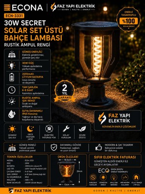 Econa ECN-3331 30W Solar Set Üstü Bahçe Lambası IP65 Su Geçirmez Rustik Ampul Görünümlü Güneş Enerjili Dış Mekan Aydınlatma
