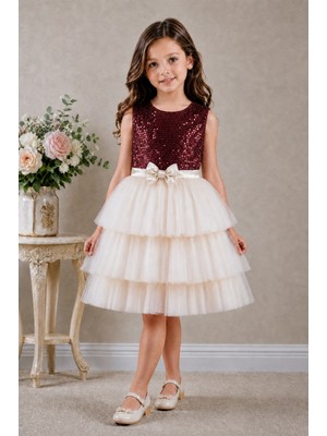 Deep Look Kids Wear Mürdüm Pullu Üst Tüllü Kız Çocuk Abiye Elbise