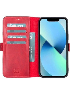 Genel Tedarik Apple iPhone 13 Pro Max Uyumlu Deri Cüzdanlı Kılıf Nar Çiçeği