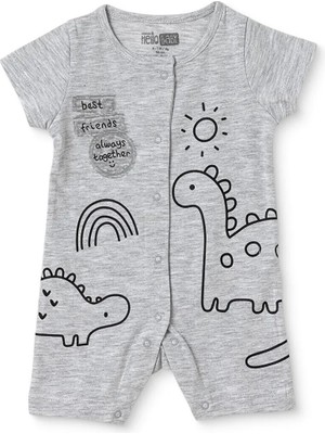 TeknoKapsül Ebebek Hello Baby Hellobaby Erkek Bebek Kısa Tulum Dinozor Baskılı Çıtçıtlı Çıtçıtlı Yaka Kısa Kol Reçme