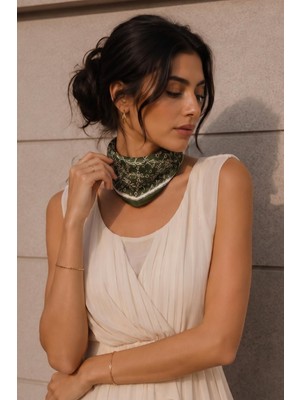 Afvente Minimal Geometri Desen Haki-Bej Soft Bandana Fular 50X50 cm