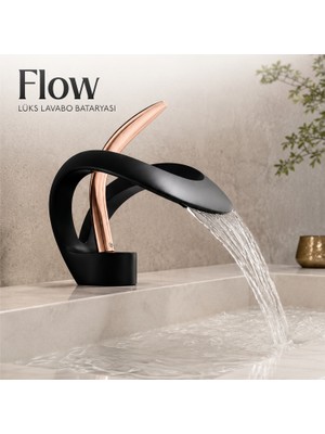 Badem10 Flow Lavabo Bataryası Şelale Çıkışlı Mat Siyah Rose Gold Pirinç Gövde Banyo Bataryası 20 cm