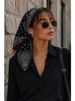 Afvente Paisley Desen Siyah-Gümüş Soft Bandana Fular 50X50 cm