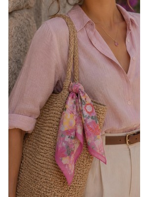 Afvente Lilyum Bahçesi Desen Pembe-Lila Soft Bandana Fular 50X50 cm