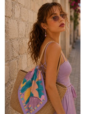 Afvente Yaprak Harmanı Desen Mor-Petrol Soft Bandana Fular 50X50 cm