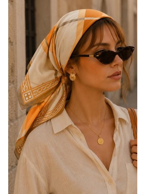 Afvente Minimal Geometrik Çizgi Desen Hardal-Bej Soft Bandana Fular 50X50 cm
