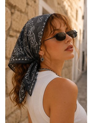 Afvente Vintage Desen Gri-Siyah Soft Bandana Fular 50X50 cm