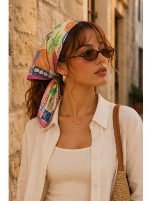 Afvente Tropikal Kolaj Desen Fuşya-Turuncu Soft Bandana Fular 50X50 cm