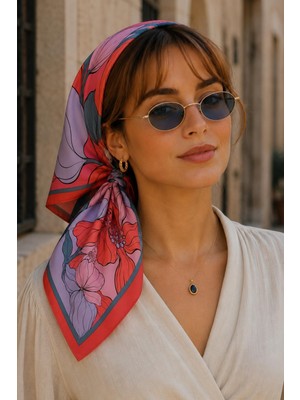 Afvente Dört Parça Çiçek Desen Mercan-Lila Soft Bandana Fular 50X50 cm