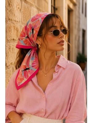 Afvente Kanat Desen Pembe-Turuncu Soft Bandana Fular 50X50 cm