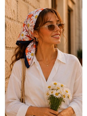 Afvente Papatya Desen Turuncu-Sarı Soft Bandana Fular 50X50 cm