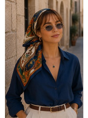 Afvente Vintage Desen Turuncu-Lacivert Soft Bandana Fular 50X50 cm
