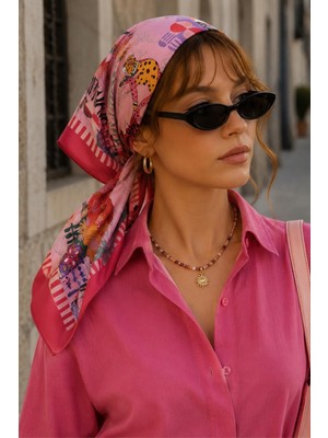 Afvente Tropik Leopar Desen Fuşya-Kırmızı Soft Bandana Fular 50X50 cm