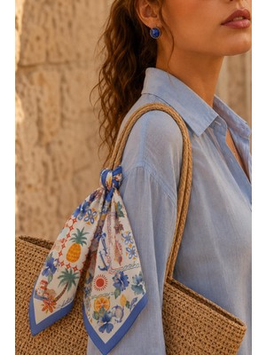 Afvente Deniz Desen Mavi-Turuncu Soft Bandana Fular 50X50 cm