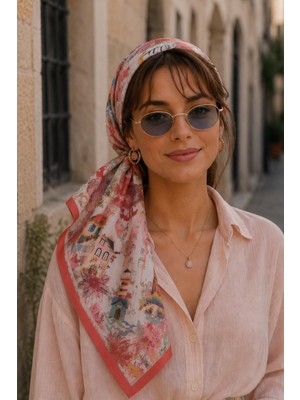 Afvente Masal Desen Kırmızı-Pudra Soft Bandana Fular 50X50 cm