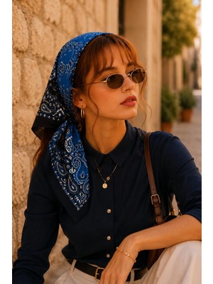 Afvente Çift Renk Desen Saks Mavisi Soft Bandana Fular 50X50 cm