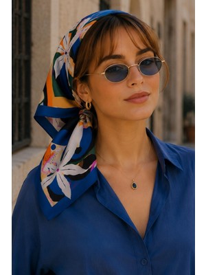 Afvente Soyut Çiçek Desen Saks Mavi-Turuncu Soft Bandana Fular 50X50 cm