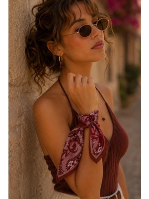 Afvente Otantik Şal Desen Bordo-Gül Kurusu Soft Bandana Fular 50X50 cm