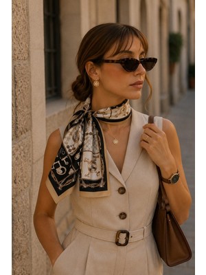 Afvente Geometrik Zincir Tokalı Desen Siyah-Bej Soft Bandana Fular 50X50 cm