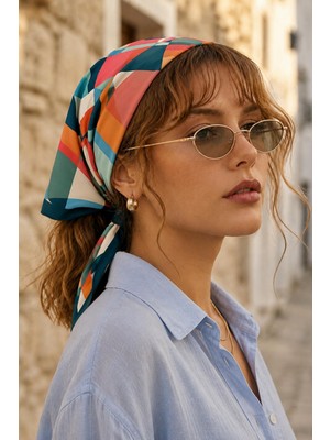 Afvente Modern Geometrik Desen Mercan-Yeşil Soft Bandana Fular 50X50 cm